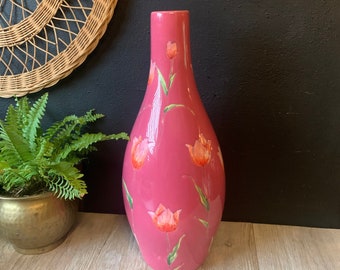 Vintage Large Pink Floral Ceramic Vase | Pink Barbie Home Decor | Tall Pink Vase | Decorative Ceramic Vase | Pink Vase with Flower Detail