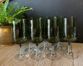 Vintage MCM Olive Green Wine Glasses | Retro Cocktail Glasses | Vintage Barware Stemware | Green Gobletws | Set of 7 | Toasting Glasses