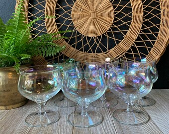 Vintage Iridescent Dessert Dishes | Footed Glass Serving Cups | Sherbert Ice Cream Pudding Pedestal Bowls | Set of Six | Vintage Dessertware