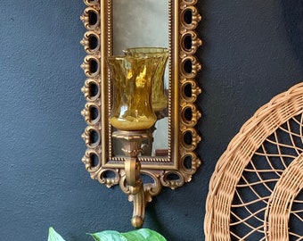 Vintage Syroco Gold Mirror Candleholder Wall Sconce | Hollywood Regency | Boho Gothic Dramatic Home Decor | Ornate Gold Frame | Gallery Wall