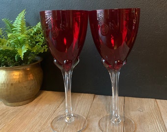 Vintage Large Ruby Red Wine Glasses with Clear Stems | Set of Two | Cocktail Glasses | Wedding Toast | Bar Cart Decor | Wine Lover Gift Idea