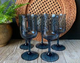Vintage Lenox Crystal Blue Mist Wine Glasses | Set of Five | Tulip Shaped | Crystal Wedding Toast Glasses | Blue Footed Glassware Barware