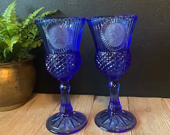 Vintage Avon Cobalt Blue George & Martha Wine Glasses | Set of Two | Blue Footed Water Goblets | Vintage Stemware Barware | Toasting Glasses