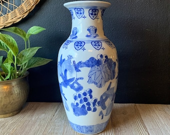 Vintage Blue and White Chinese Ceramic Vase | Chinoiserie Home Decor | Asian Floral Vase | Large Flower Vase | Traditional Decorative Vase