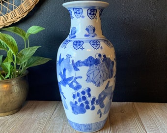 Vintage Blue and White Chinese Ceramic Vase | Chinoiserie Home Decor | Asian Floral Vase | Large Flower Vase | Traditional Decorative Vase