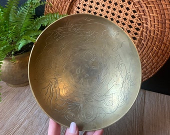 Vintage Etched Brass Bowl | Decorative Brass Trinket Dish | Brass Crystal Bowl | Brass Engraved Chinese Dragon Dish | Gold Display Bowl