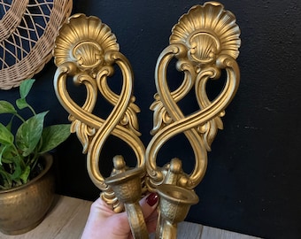 Vintage Pair Homco Ornate Gold Candlestick Wall Sconces | Ornate Gold Wall Decor | Gothic Wall Sconces | Mid Century | Hollywood Regency