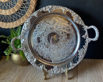 Vintage Ornate Silver Plated Platter with Handles | Round Silver Decorative Tray | Silver Serving Tray | Butler Tray | Silver Wedding Decor