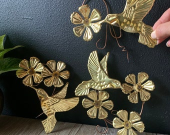 Vintage Brass Hummingbird and Flower Hanging Wall Decor | Set of Three | Bird Lover Gift Idea | Hummingbird Home Decor | MCM Gold Home Decor