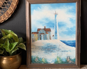 Vintage Framed Lighthouse Painting | Original Signed Artwork | Wood Frame | Vintage Wall Art Decor | Coastal Lighthouse Decor | Blue White