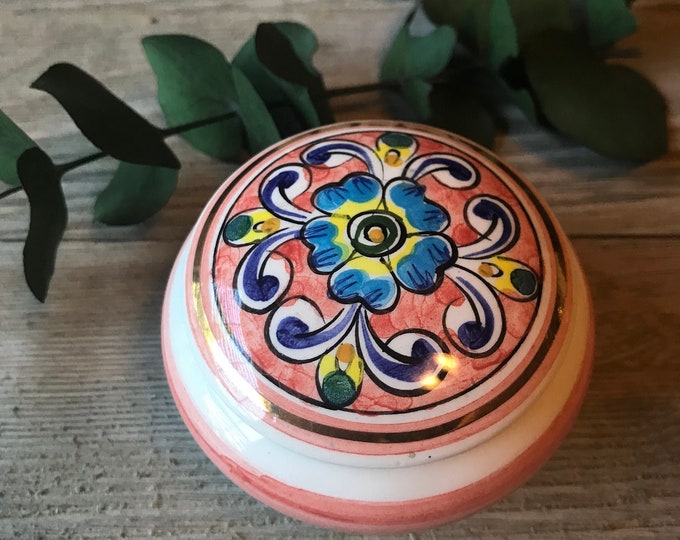 Vintage Hand Painted Ceramic Trinket Dish with Lid | Ring Dish | Folk Art | Jewelry Box | Vanity Storage | Gift For Her | Wedding Gift Idea