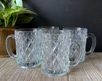 Vintage Quilt Pressed Glass Coffee Mugs | Set of Four | Vintage Glassware | Clear Glass Mugs | Irish Coffee Mugs | Anchor Hocking