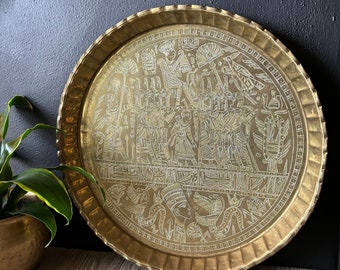 Vintage Large Round Egyptian Brass Tray, 16" Etched Brass Wall Hanging Tray, Brass Egyptian Decor, Decorative Brass Tray, Brass Wall Decor