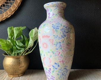 Vintage Hand Painted Chinese Porcelain Floral Vase | 80s Pastel Home Decor | Large Flower Vase Centerpiece | Blue Pink Purple Floral Vase