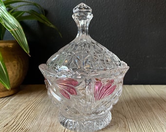 Vintage Etched Crystal Candy Dish with Lid, Floral Crystal Glass Bowl, Lidded Trinket Jar, Crystal Ring Dish, Jewelry Storage, Peanut Bowl