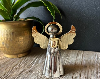 Vintage Brass Angel Candlestick Holder, Small Angel Tree Topper, Silver and Gold Metal Angel Candle Holder Figurine, Angel Holding Candle
