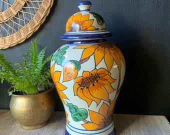 Vintage Hand-Painted Ceramic Sunflower Ginger Jar Made in Mexico, Studio Pottery Jar with Lid, Sunflower Home Decor, Mexican Ceramics