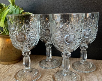 Vintage Clear Libby Hobstar Etched Wine Goblets | Set of Four | Vintage Stemware | Clear Glass Wine Glasses | Wedding Toasting Glassware