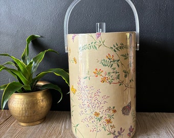 Vintage Vinyl Ice Bucket with Delicate Floral Detail, Lucite Lid and Handle, Large Ice Bucket with Flowers, Garden Themed Ice Bucket