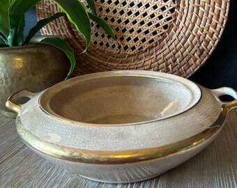 Vintage Ceramic Handled Bowl with Gold Trim, Ceramic Serving Bowl, Decor Bowl, Indoor Ceramic Planter Bowl, Beige and Gold Bowl with Handles