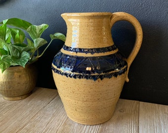 Vintage Handmade Stoneware Pitcher with Handle | Hand Painted Ceramics | Studio Pottery Jug Vase |  Bohemian Ceramic Centerpiece Planter