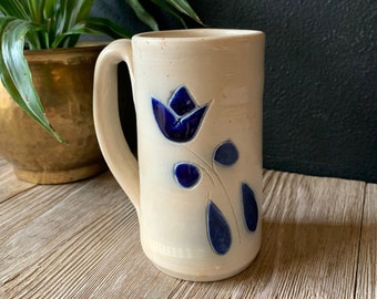 Vintage Handmade Ceramic Floral Coffee Mug | Hand Painted Mug | Blue and White Mug | Coffee Tea Lover Gift | Vintage Pottery | Hot Tea   Mug