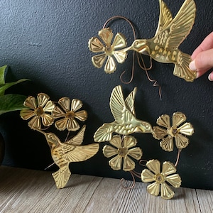 Vintage Brass Hummingbird and Flower Hanging Wall Decor | Set of Three | Bird Lover Gift Idea | Hummingbird Home Decor | MCM Gold Home Decor