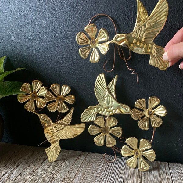 Vintage Brass Hummingbird and Flower Hanging Wall Decor | Set of Three | Bird Lover Gift Idea | Hummingbird Home Decor | MCM Gold Home Decor