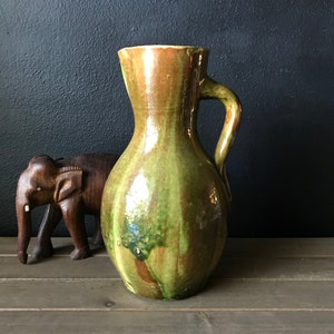 Vintage Signed Studio Pottery Jug | Green | Handmade | Carafe Style | Vintage Stoneware | Pitcher with Handle | Vintage Pottery | Planter