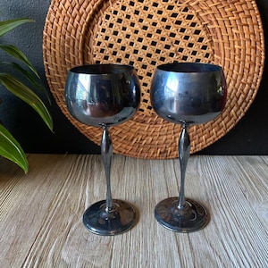 Vintage Primrose Silver Plated Brass Goblets | Gothic Wine Goblets | Vintage Plated Barware | Wedding Toasting Glasses | Gothic Wedding