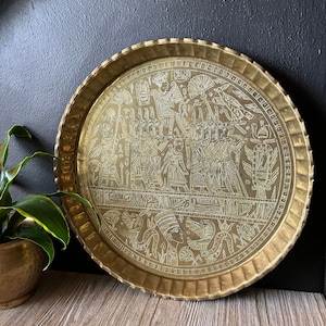 Vintage Large Round Egyptian Brass Tray, 16&quot; Etched Brass Wall Hanging Tray, Brass Egyptian Decor, Decorative Brass Tray, Brass Wall Decor