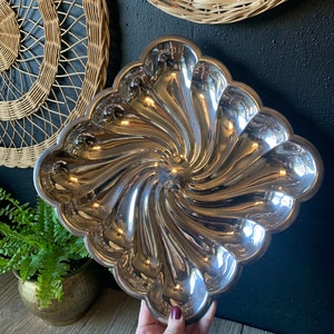 Vintage Silver Platter | Square Ribbed Silver Serving Dish | Scalloped Edges | Decorative Silver Tray | Silver Dessert  Appetizer Plate