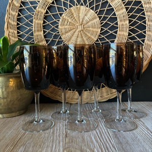 Vintage MCM Brown Wine Glasses & Clear Stems, Set of 6, Minimalist Wedding Stemware Barware, Brown Wine Goblets, Toasting Cocktail Glasses