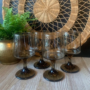 Vintage MCM Libbey Tawny Accent Smokey Brown Goblets | Set of Four | Brown Footed Glassware | Toasting Wine Glasses | Wedding Glassware Gift