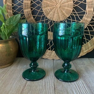 Vintage Libby Juniper Green Duratuff Gibraltar Water Goblets | Set of Two | Vintage Stemware Barware | Emerald Cocktail Toasting Glasses