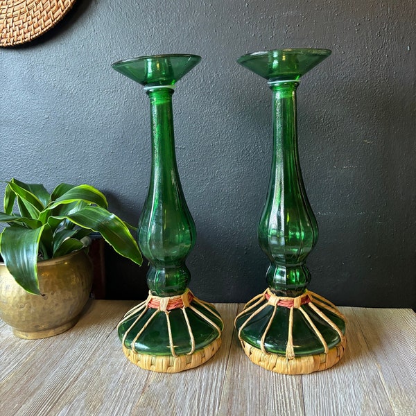 Vintage Pair of Large Green Glass Candlestick Holders with Wicker Base, Tall Emerald Green Boho Candle Centerpiece Mantelpiece Glass Decor