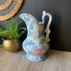Vintage Blue and White Pink Floral Chinoiserie Ceramic Decorative Pitcher | Porcelain Water Jug | Vintage Planter | Asian Jug with Handle