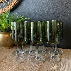 Vintage MCM Green Wine Glasses | Set of 7 | Clear Stems | Vintage Barware | Champagne Flutes | Wedding Cocktail Glasses | Vintage Stemware