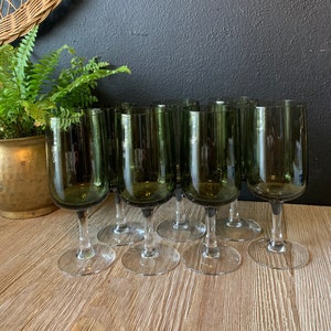 Vintage MCM Olive Green Wine Glasses | Retro Cocktail Glasses | Vintage Barware Stemware | Green Gobletws | Set of 7 | Toasting Glasses