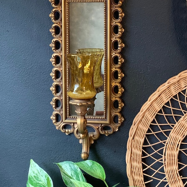 Vintage Syroco Gold Mirror Candleholder Wall Sconce | Hollywood Regency | Boho Gothic Dramatic Home Decor | Ornate Gold Frame | Gallery Wall