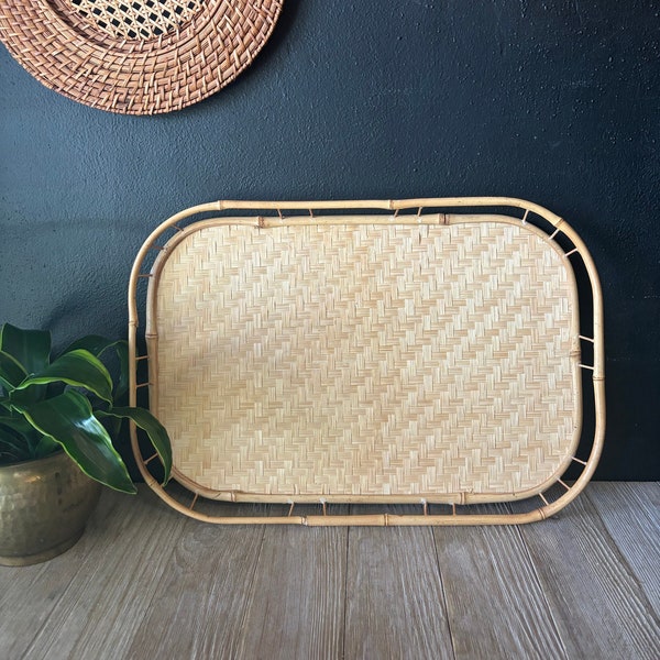 Vintage Wicker and Bamboo Tray, Decorative Wicker Serving Platter, Bamboo Display Vanity Coffee Table Decor Tray, Organic Home Decor Tray