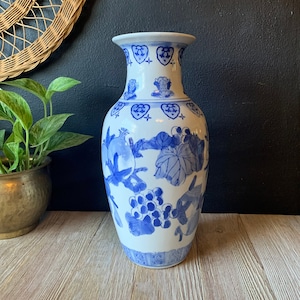 Vintage Blue and White Chinese Ceramic Vase | Chinoiserie Home Decor | Asian Floral Vase | Large Flower Vase | Traditional Decorative Vase