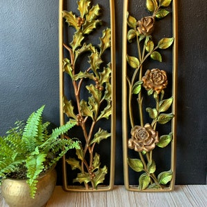 Vintage Dart Industries Brand Gold Floral Wall Plaques | Set of Two | MCM Mid Century Modern Home Decor | Hollywood Regency Interiors
