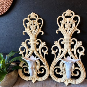Vintage Pair Ivory Dart Industries Scroll Candle Holder Wall Sconces, Ornate Wall Hanging Candlestick Holders, Mid-Century Candle Wall Decor