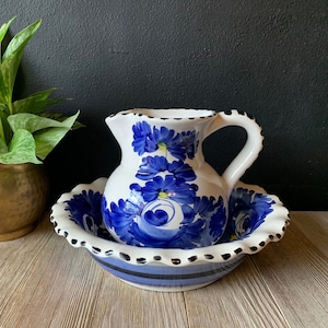 Vintage spanischen Stil Keramik Krug und Schüssel Set | Handbemalte Waschbecken | Blaue Blumenkeramik-Keramik | Blau und Weiß Home Decor