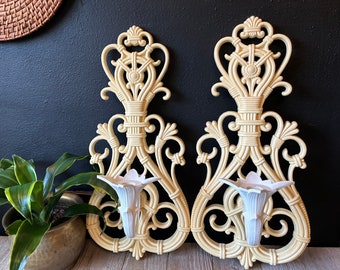 Vintage Pair Ivory Dart Industries Scroll Candle Holder Wall Sconces, Ornate Wall Hanging Candlestick Holders, Mid-Century Candle Wall Decor