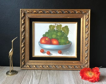Vintage Framed Painting of Bowl of Fruit | Signed Art | Ornate Gold Frame | Still Life | Shabby Chic Decor | Gallery Wall | Farmhouse Decor