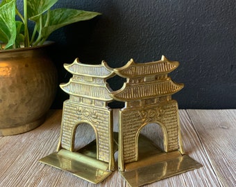 Vintage Brass Pagoda Bookends | Made in Korea | Metal Temple Bookends | Library Office Decor | Vintage Brass Decor | Korean Folding Bookends