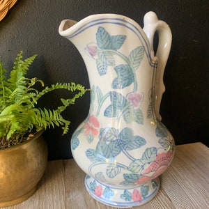 Vintage Blue and White Pink Floral Chinoiserie Ceramic Decorative Pitcher Porcelain Water Jug Vintage Planter Asian Jug with Handle image 2