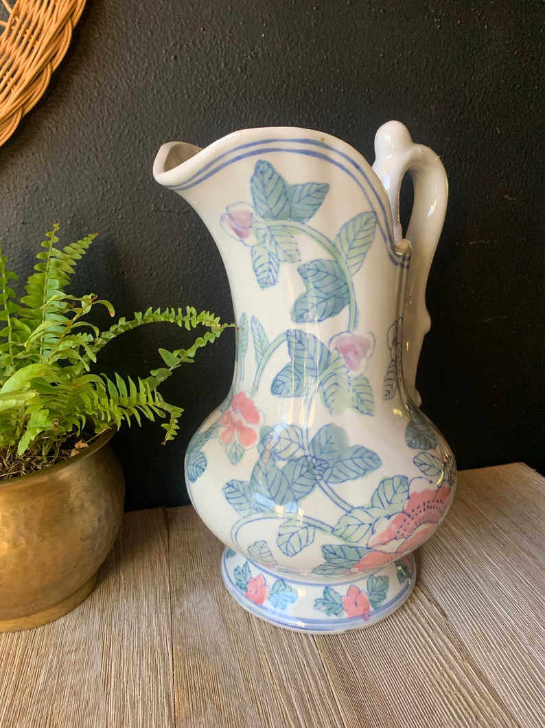 Vintage Blue and White Pink Floral Chinoiserie Ceramic Decorative Pitcher Porcelain Water Jug Vintage Planter Asian Jug with Handle image 2